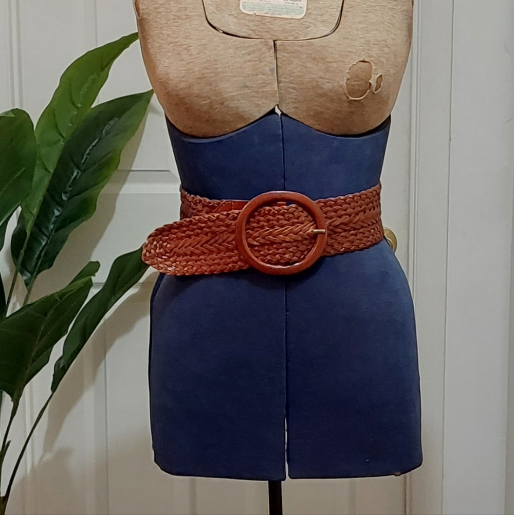 Vintage Brown Braided Belt with Round Buckle Size Small